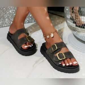 Black and Brown Double Strap Sandals with Gold Buckles